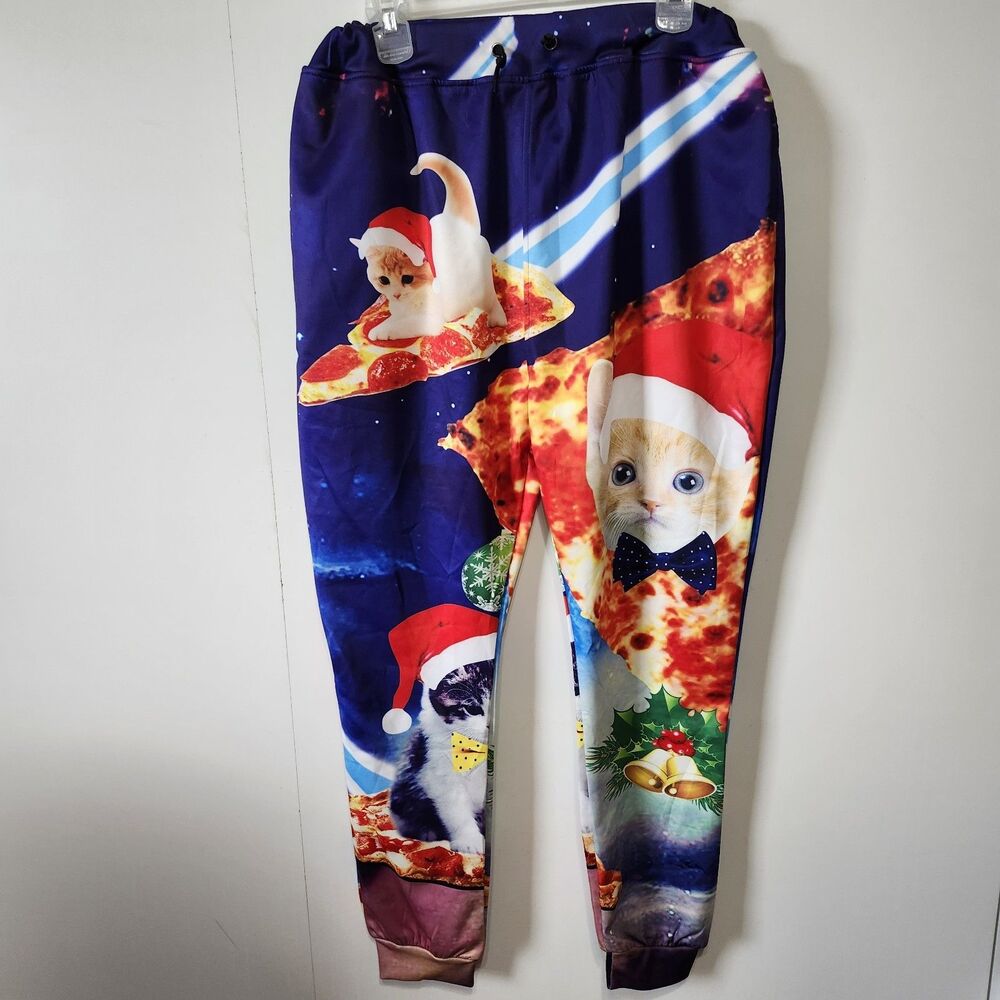Space Pizza Cat Christmas Jogger Pants 2XL Unisex 3D Graphic Holiday Lounge
